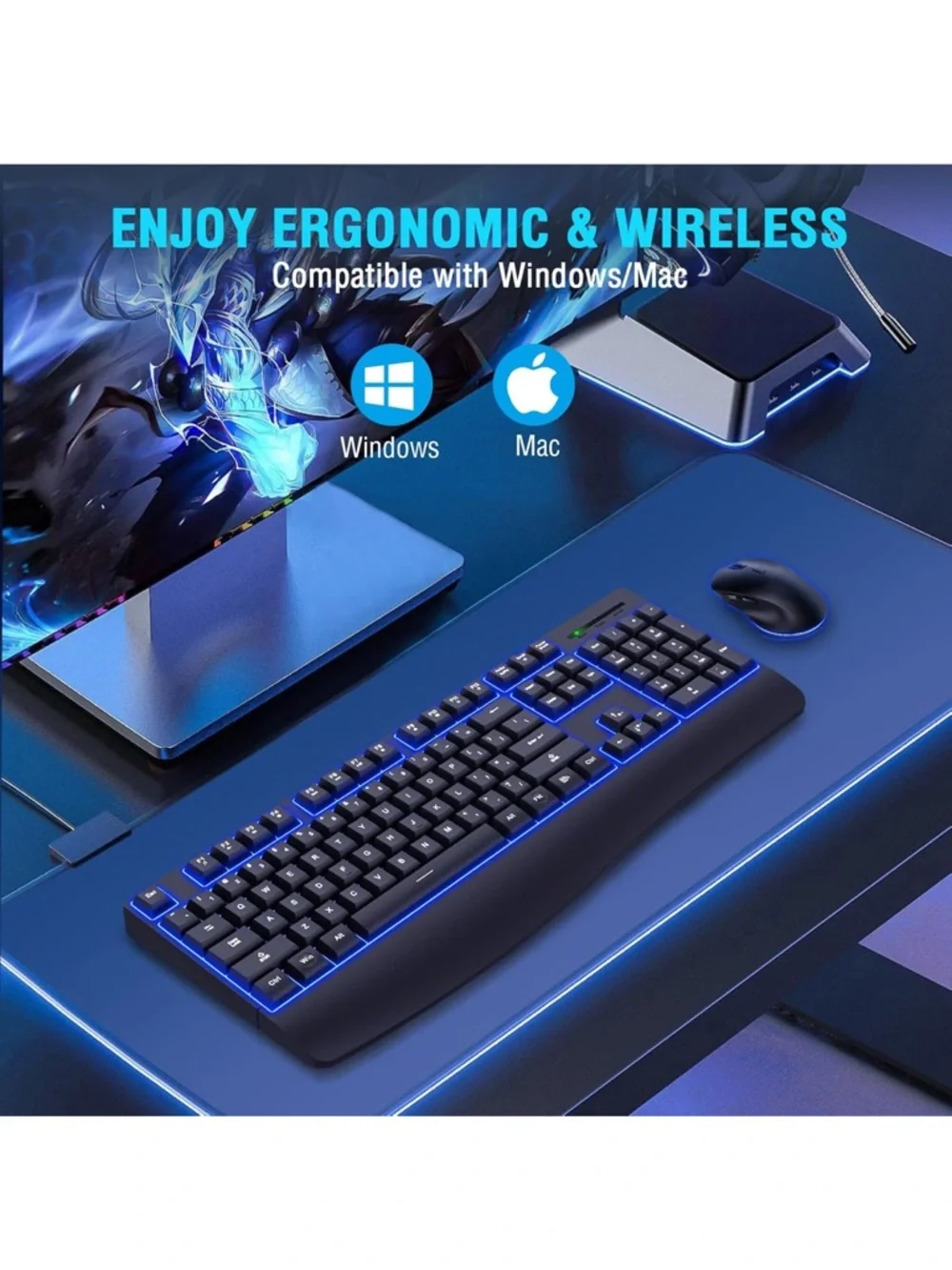 Wireless Keyboard and Mouse combo 7 backlit effect wrist rest sleep mode